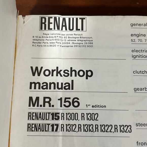 Renault 15 & 17 Factory Service Manual M.R 156 English Text 1st Edition 1971 - Picture 6 of 8